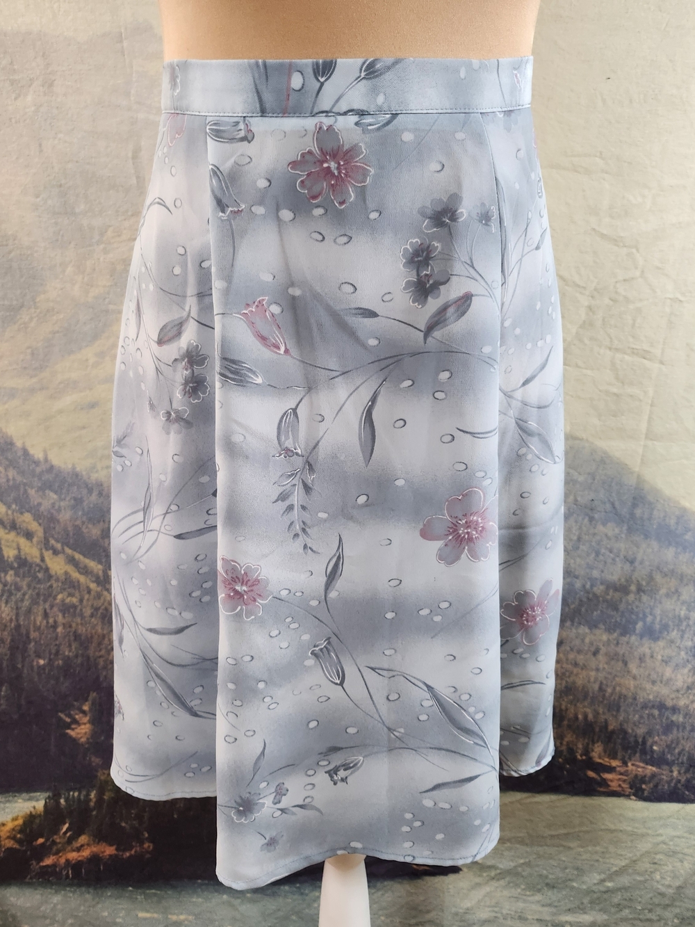 Y2K Water Droplet Light Gray Pink Floral A-Line Skirt Sz 20